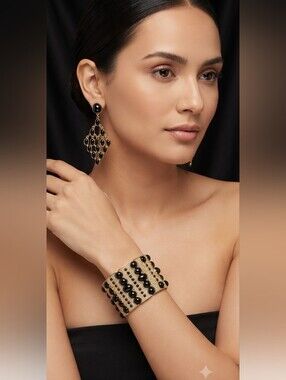 Black Cabochon Cuff Bracelet and Earrings